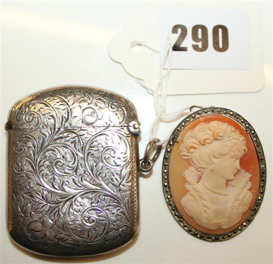 George V silver vesta case and a cased cameo brooch